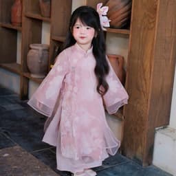 Áo dài bé gái thiết kế dáng suông - chất liệu cao cấp - gam hồng baby siêu cưng - áo dời và hoa như ảnh - điệu đà 9