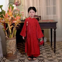 Áo dài bé gái dáng suông nhẹ - chất liệu tằm sò ánh kim cao cấp - mẫu mới nhất cho bé thích hợp mặc Trung Thu, lễ Tết 2