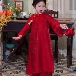 Áo dài bé gái dáng suông nhẹ - chất liệu tằm sò ánh kim cao cấp - mẫu mới nhất cho bé thích hợp mặc Trung Thu, lễ Tết 1