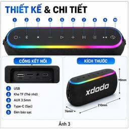 Loa Bluetooth XDODO X8 III 60W + dây+Thẻ SD – Bass Mạnh, Bluetooth 5.3, Chống Nước IPX7 9