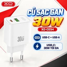 Củ Sạc Nhanh XO CE54 30W, 2 Cổng USB-C USB-A, Hỗ Trợ PPS, Sạc Đồng Thời Hai Thiết Bị 1
