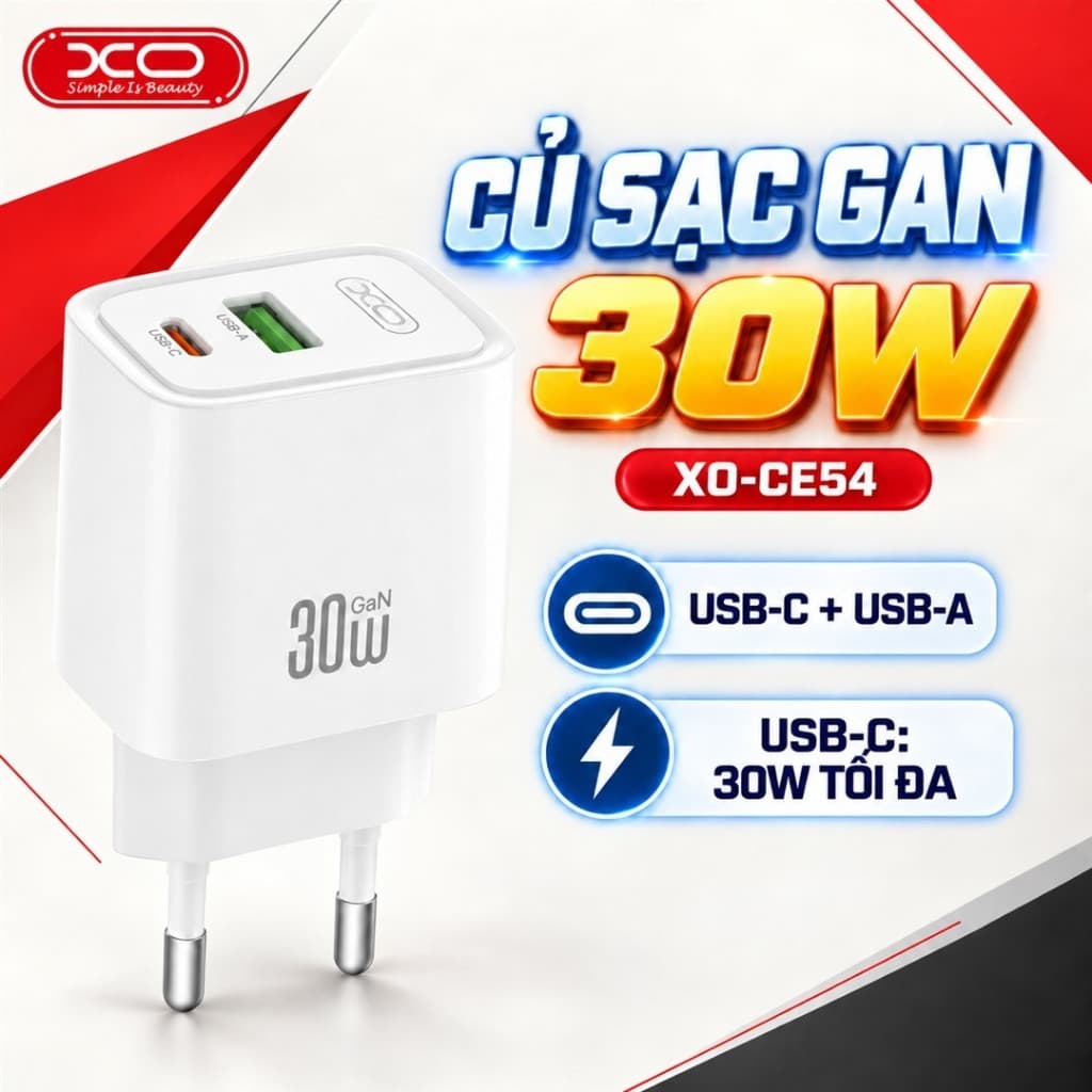 Củ Sạc Nhanh XO CE54 30W, 2 Cổng USB-C USB-A, Hỗ Trợ PPS, Sạc Đồng Thời Hai Thiết Bị
