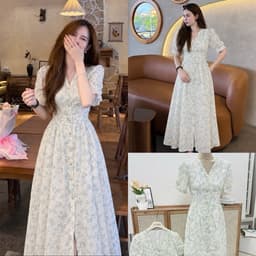 Đầm thêu hoa cổ v Xukadress, váy xanh nhã nhặn dịu dàng thướt tha tôn dáng 1