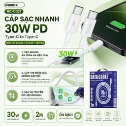 Cáp Sạc Nhanh 30W Remax RC-C021 C-C (2 Đầu Type-c) Dài 2M và 65W Wekome Wdc-124 1M 2