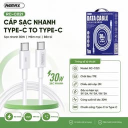 Cáp Sạc Nhanh 30W Remax RC-C021 C-C (2 Đầu Type-c) Dài 2M và 65W Wekome Wdc-124 1M 1