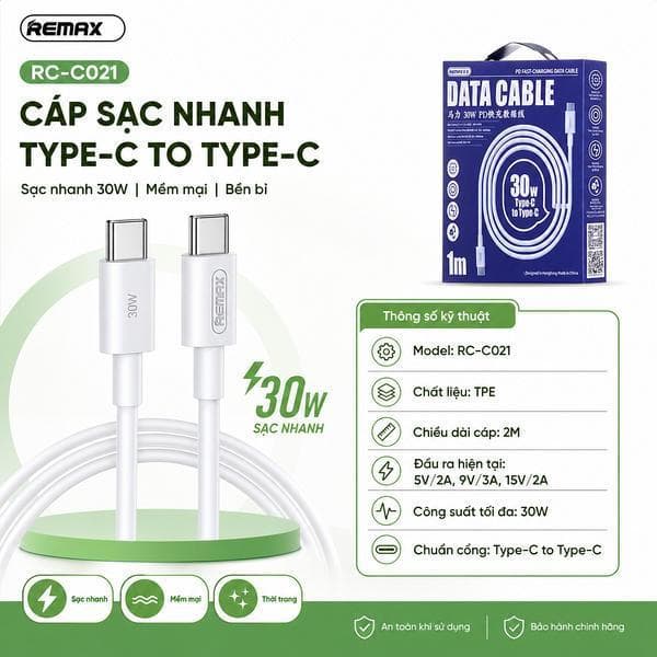Cáp Sạc Nhanh 30W Remax RC-C021 C-C (2 Đầu Type-c) Dài 2M và 65W Wekome Wdc-124 1M