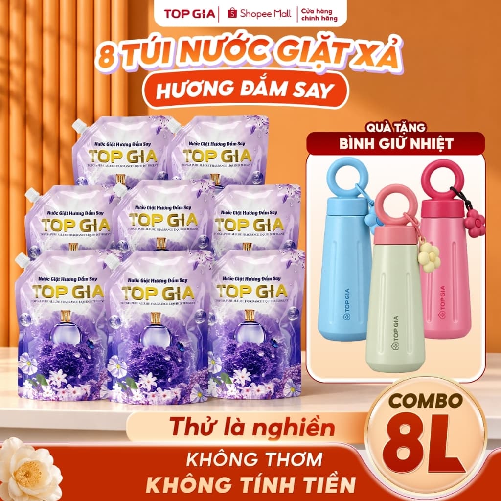 [Tặng Bình Giữ Nhiệt ] Nước Giặt Xả TopGia Hương Đắm Say Làm Sạch Vết Bẩn, Dịu Nhẹ Lành Tính, Lưu Hương 72H, Túi 1L