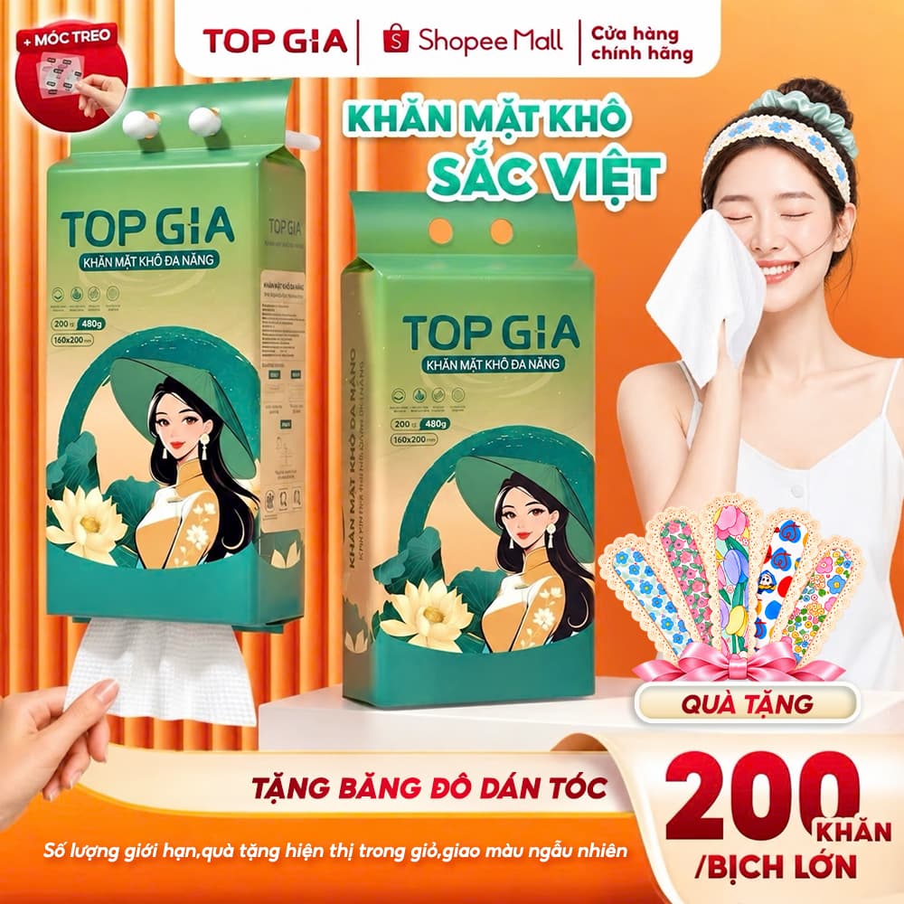 Khăn mặt khô đa năng TopGia Sắc Việt 200 tờ rút, mềm mịn, thấm hút, an toàn, tặng móc treo tường