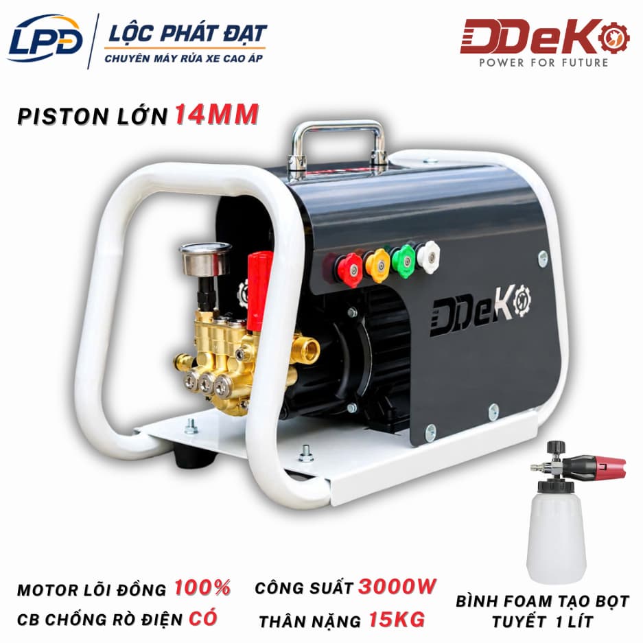 Máy xịt rửa xe 3000W DDEKO/DEKO DK-P1401, Piston 14mm, áp lực 150 Bar, lưu lượng 15L/p, dây 15m, CB chống giật.