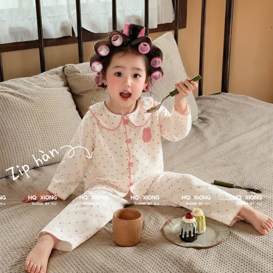 (SẴN Loại 1)- Pizama cho bé gái sét bộ chấm bi phối viền cho bé gái phong cách hàn quốc