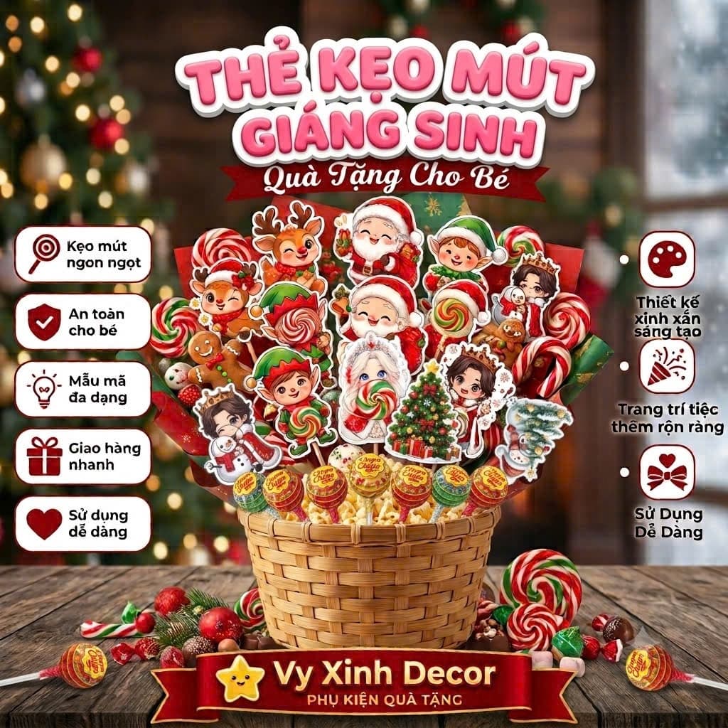 Set 20-50-100 Thẻ Cài Kẹo Mút Noel In 2 Mặt Đa Dạng Hình Đáng Yêu