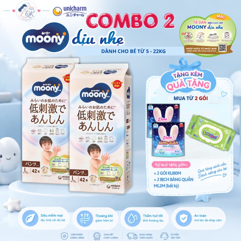 Combo 2 Moony quần dịu nhẹ - PACK mới M54, L42, XL38 - Tã bỉm quần Moony trắng dịu nhẹ - combo tiết kiệm