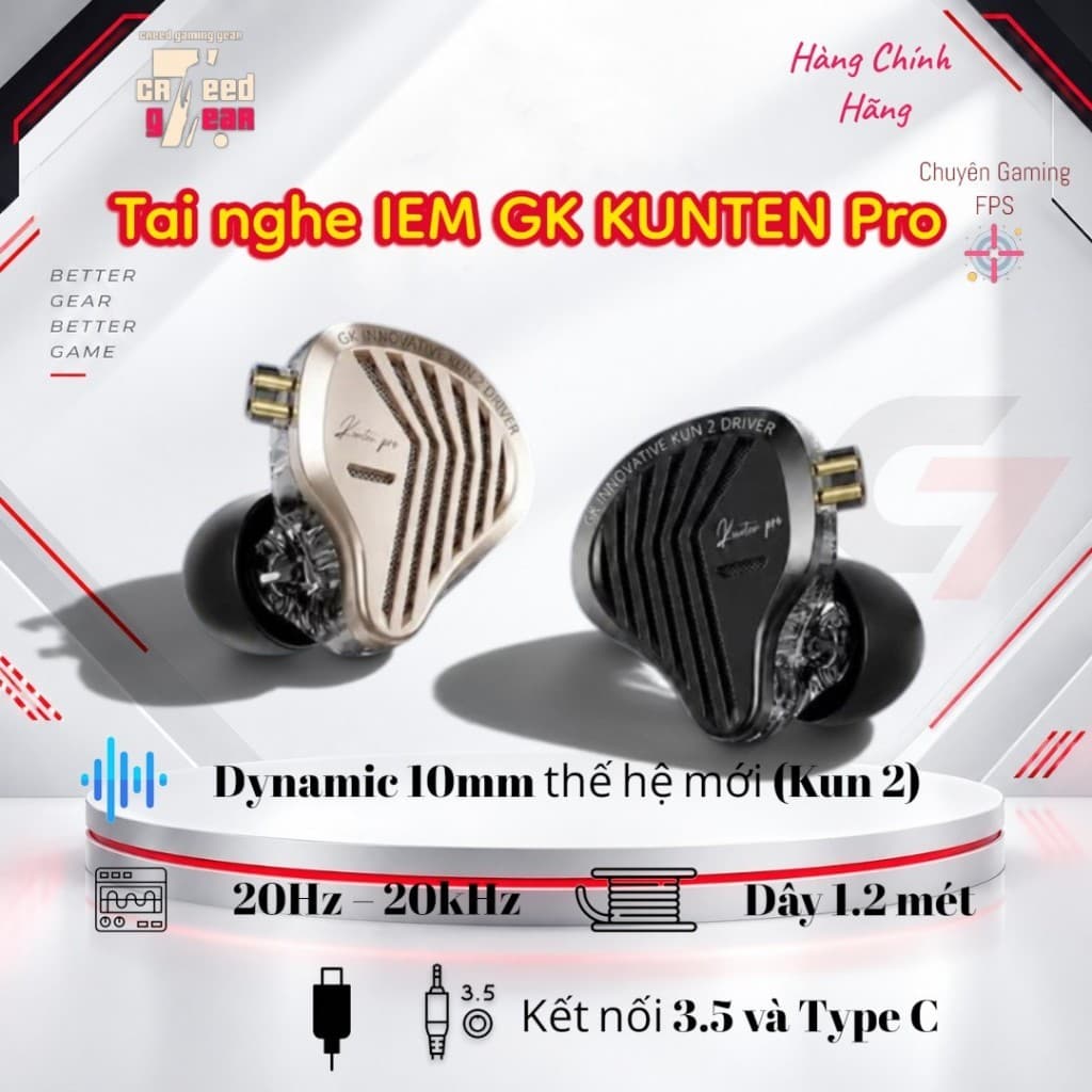 Tai nghe IEM nhét tai GK Kunten Pro | Gaming IEM HiFi | Driver KUN 2 10mm | Jack 3.5mm , Type-C - Hàng Chính Hãng