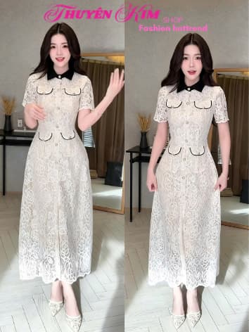 Đầm váy dài thiết kế sang trọng chất Ren tay ngắn đắp túi nút ngọc dáng dài xòe tôn dáng thanh lịch