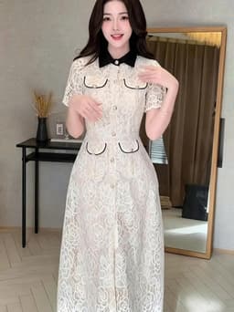 Đầm váy dài thiết kế sang trọng chất Ren tay ngắn đắp túi nút ngọc dáng dài xòe tôn dáng thanh lịch 2
