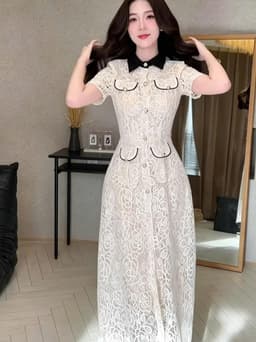 Đầm váy dài thiết kế sang trọng chất Ren tay ngắn đắp túi nút ngọc dáng dài xòe tôn dáng thanh lịch 3