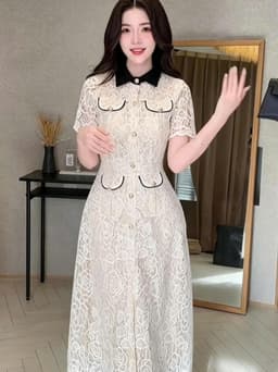 Đầm váy dài thiết kế sang trọng chất Ren tay ngắn đắp túi nút ngọc dáng dài xòe tôn dáng thanh lịch 5