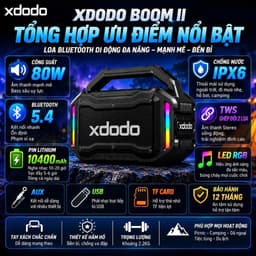 Loa Bluetooth XDODO BOOM II Công Suất 80W, Bluetooth 5.4, Pin 10400mAh, Chống Nước IPX6, Bass Mạnh, LED RGB, Ghép Đôi TW 4