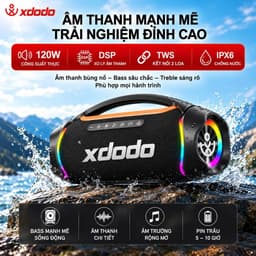 Loa Bluetooth XDODO BOOM II Công Suất 80W, Bluetooth 5.4, Pin 10400mAh, Chống Nước IPX6, Bass Mạnh, LED RGB, Ghép Đôi TW 6