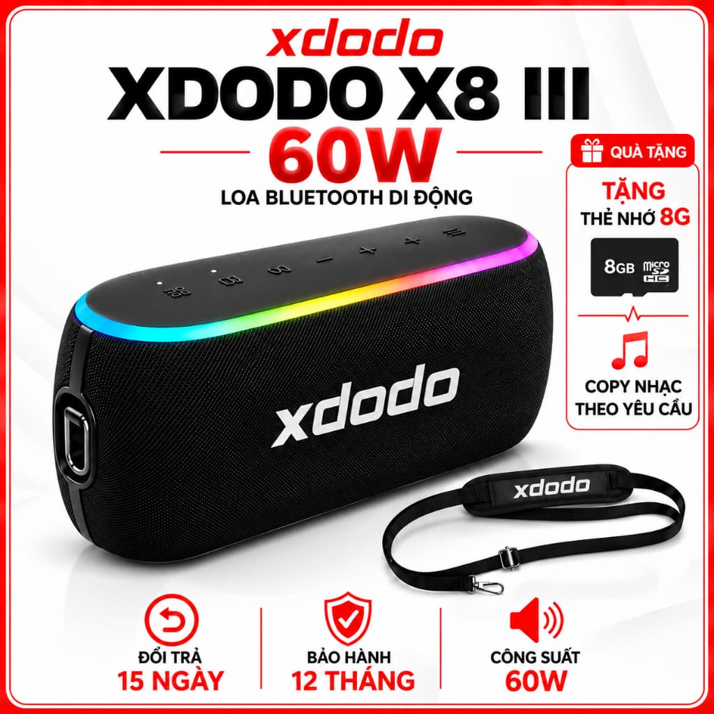 Loa Bluetooth XDODO X8 III 60W + dây+Thẻ SD – Bass Mạnh, Bluetooth 5.3, Chống Nước IPX7