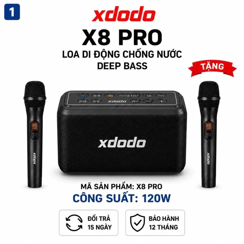 Loa Bluetooth XDODO X8 Pro 120W Công Suất Lớn, Bass Mạnh, Chống Nước IPX5, Kèm 2 Micro Không Dây Karaoke, Pin 8 Giờ