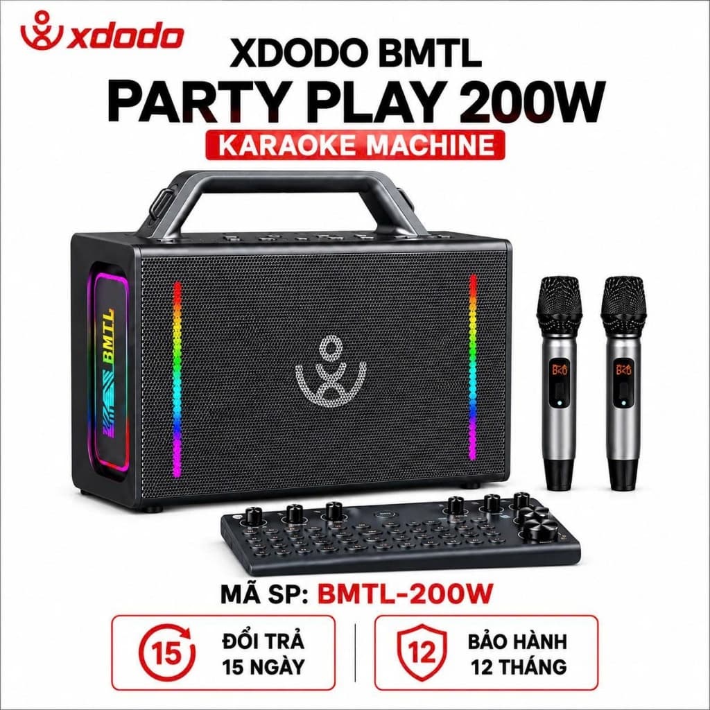 Loa Karaoke Bluetooth XDODO BMTL Party Play 200W, Kèm 2 Micro Không Dây, Bluetooth 5.3, Pin 10000mAh, Đèn LED RGB, Chống