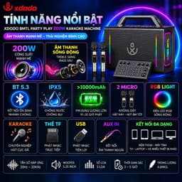 Loa Karaoke Bluetooth XDODO BMTL Party Play 200W, Kèm 2 Micro Không Dây, Bluetooth 5.3, Pin 10000mAh, Đèn LED RGB, Chống 2