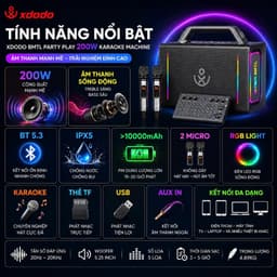 Loa Karaoke Bluetooth XDODO BMTL Party Play 200W, Kèm 2 Micro Không Dây, Bluetooth 5.3, Pin 10000mAh, Đèn LED RGB, Chống 7