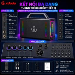 Loa Karaoke Bluetooth XDODO BMTL Party Play 200W, Kèm 2 Micro Không Dây, Bluetooth 5.3, Pin 10000mAh, Đèn LED RGB, Chống 9