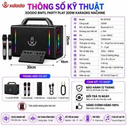 Loa Karaoke Bluetooth XDODO BMTL Party Play 200W, Kèm 2 Micro Không Dây, Bluetooth 5.3, Pin 10000mAh, Đèn LED RGB, Chống 4