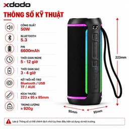 Loa Bluetooth XDODO Dignity 2024 Công Suất 50W, Bluetooth 5.3, Chống Nước IPX6, Pin 6600mAh, Bass Mạnh, Đèn LED RGB, Kết 6