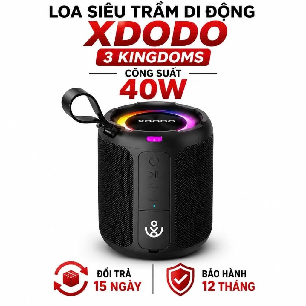 Loa Bluetooth XDODO 3 KINGDOMS 40W Siêu Trầm, Bluetooth 5.3, Pin 4400mAh, Chống Nước IPX6, Đèn LED RGB, Ghép Đôi TWS