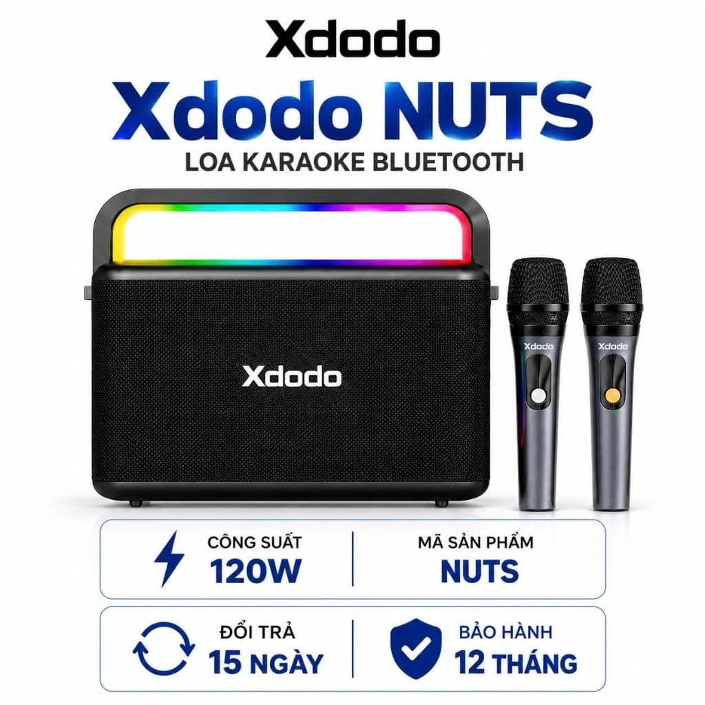 Loa Karaoke Bluetooth XDODO NUTS 120W Kèm 2 Micro Không Dây, Bluetooth 5.3, Đèn LED RGB, Bass Mạnh, Hỗ Trợ TWS, Pin Dung