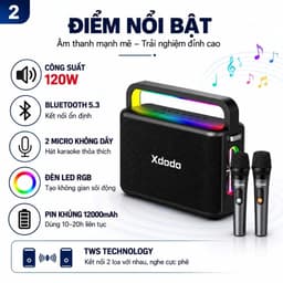 Loa Karaoke Bluetooth XDODO NUTS 120W Kèm 2 Micro Không Dây, Bluetooth 5.3, Đèn LED RGB, Bass Mạnh, Hỗ Trợ TWS, Pin Dung 9
