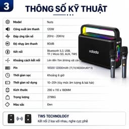 Loa Karaoke Bluetooth XDODO NUTS 120W Kèm 2 Micro Không Dây, Bluetooth 5.3, Đèn LED RGB, Bass Mạnh, Hỗ Trợ TWS, Pin Dung 3