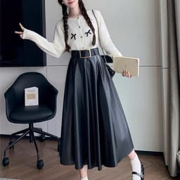 🌷 Chân Váy Maxi Da PU Dáng Xòe Dài Qua Gối Cạp Cao Tôn Dáng Thời Trang Nữ Hàn Quốc 3