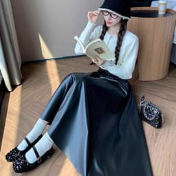 🌷 Chân Váy Da PU Dáng Dài Xòe Chữ A Cạp Cao Sang Chảnh Phong Cách Hàn Quốc Vintage 2