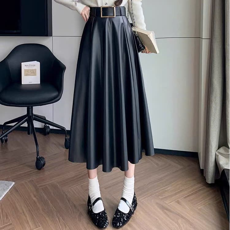 🌷 Chân Váy Da PU Dáng Dài Xòe Chữ A Cạp Cao Sang Chảnh Phong Cách Hàn Quốc Vintage