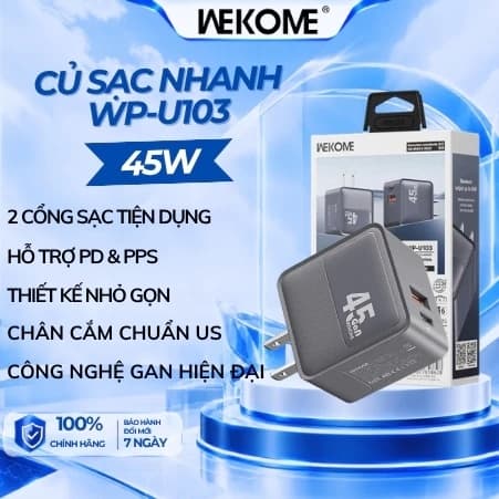 Cốc, Củ sạc nhanh 45W Wekome WP-U103 2 cổng (A+C) và 35W Wekome WP-U105/ 20W Remax RP-U120