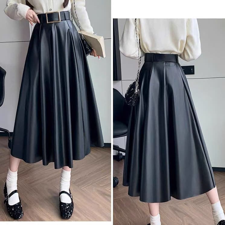 🌷 Chân Váy Maxi Da PU Dáng Xòe Dài Qua Gối Cạp Cao Tôn Dáng Thời Trang Nữ Hàn Quốc