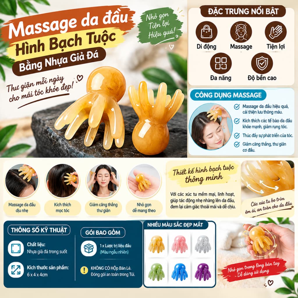 Massage da đầu hình bạch tuộc bằng nhựa giả đá và Cây Massage Đầu Bạch Tuộc 22cm. LMS
