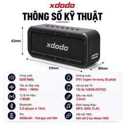 Loa Bluetooth XDODO WAKE 1983 Công Suất 50W, Chống Nước IPX7, Bluetooth 5.0, Bass Mạnh, Pin 10H, Kết Nối TWS 2 Loa 4