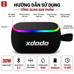 Loa Bluetooth XDODO X8 Mini II Công Suất 30W, Bluetooth 5.3, Chống Nước IPX6, Pin 2600mAh, LED RGB, Ghép Đôi TWS, Âm Tha 3