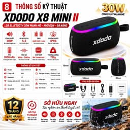 Loa Bluetooth XDODO X8 Mini II Công Suất 30W, Bluetooth 5.3, Chống Nước IPX6, Pin 2600mAh, LED RGB, Ghép Đôi TWS, Âm Tha 6