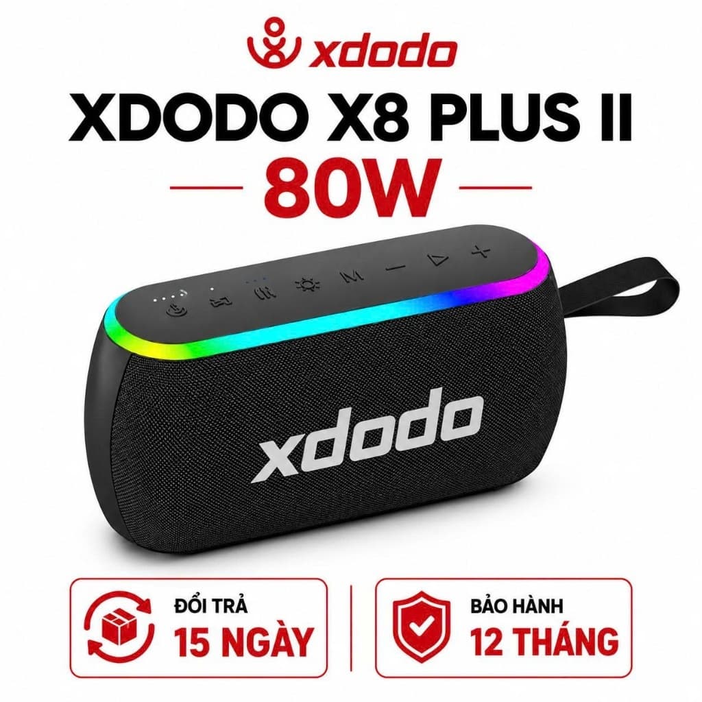 Loa Bluetooth XDODO X8 Plus II 80W Bass Mạnh, Chống Nước IPX6, Bluetooth 5.3, Pin 10400mAh, Đèn LED RGB, Hỗ Trợ AUX USB