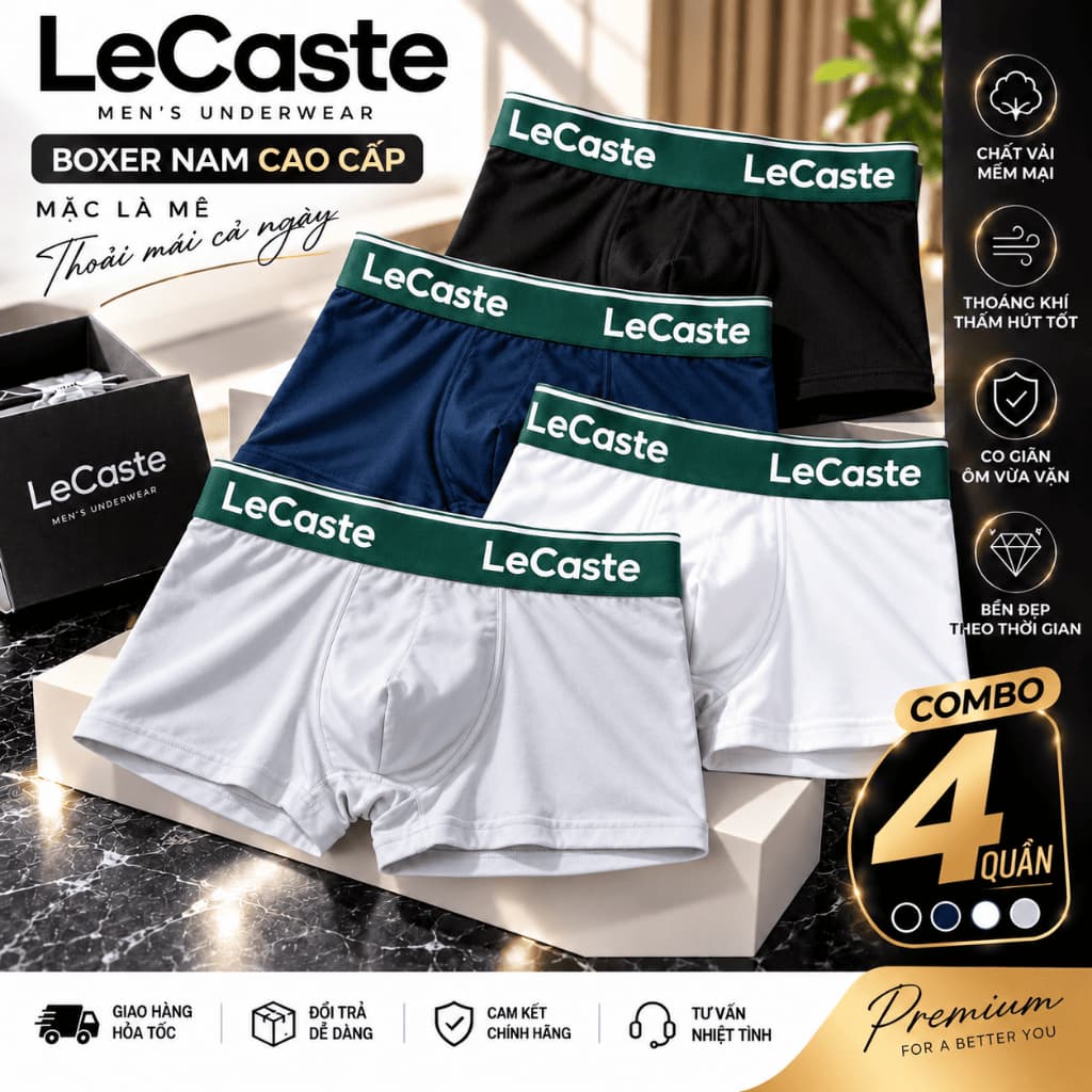 Hộp 4 Quần Lót Nam Boxer LeCaste Thun Lạnh Co Giãn 4 Chiều, Set 4 Sịp Đùi Nam Thoáng Mát Thông Hơi