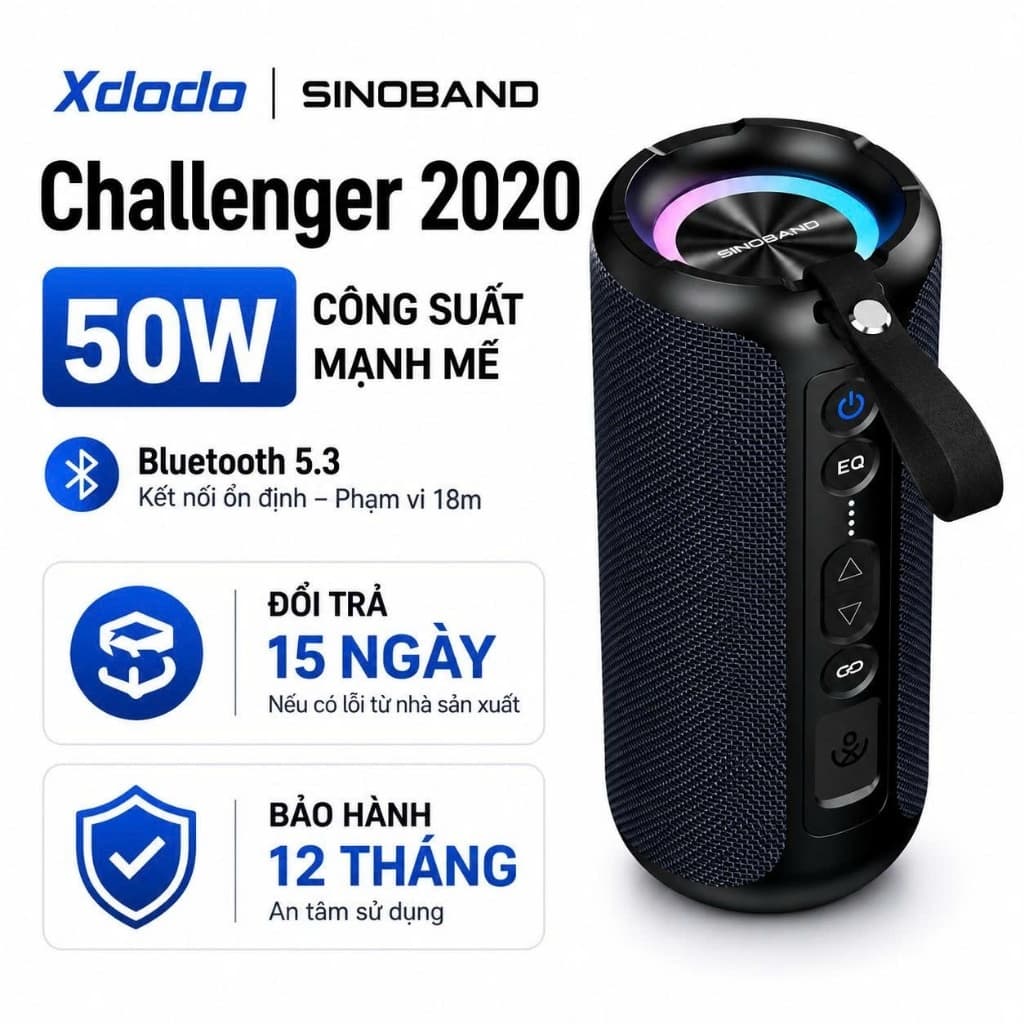 Loa Bluetooth XDODO Challenger 2020 Công Suất 50W, Âm Thanh 360 Độ, Bass Mạnh, Bluetooth 5.3, Chống Nước IPX7, Pin 5200m