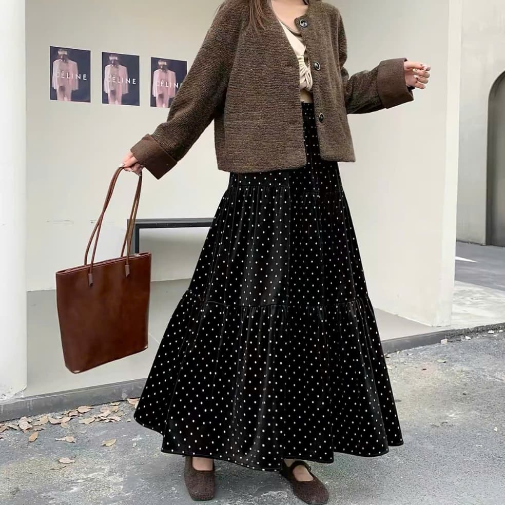 🌷 Chân Váy Maxi Chấm Bi Nữ Dáng Dài 3 Tầng Xòe Vintage Hàn Quốc