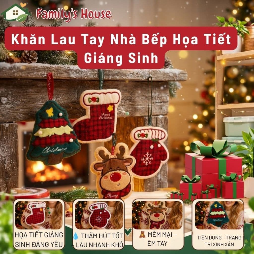 Khăn Lau Tay Nhà Bếp Họa Tiết Giáng Sinh treo tường hình cây thông và tất Noel 2026,trang trí, decor[family's house]