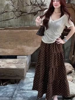 🌷 Chân Váy Maxi Chấm Bi Nữ Dáng Dài 3 Tầng Xòe Vintage Hàn Quốc 10